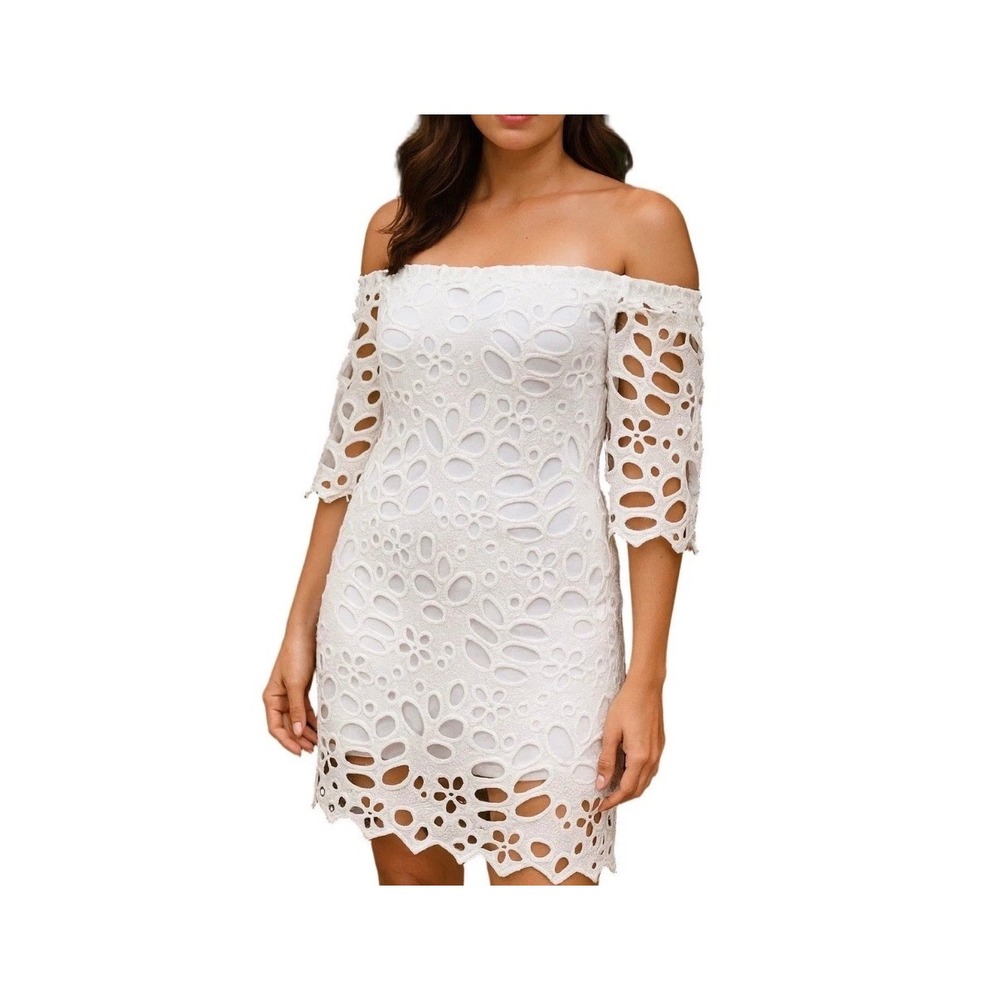 PrettyGarden Women White Floral Crochet Lace Off Shoulder Mini Dress Small Bride